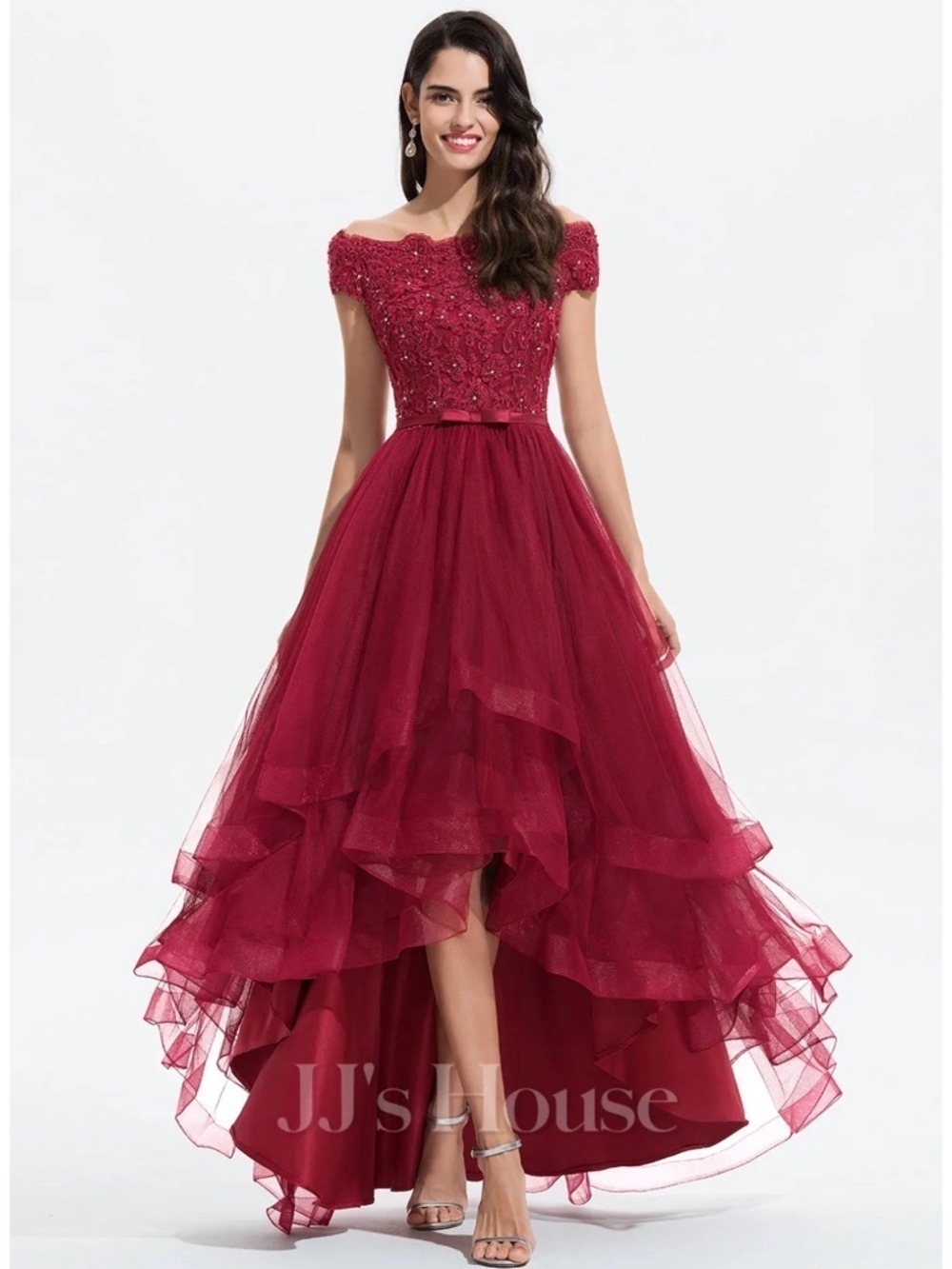 JJ's House Off-The-Shoulder High-Low Tulle Ball Gown Burgundy Size 2 Formal NWT